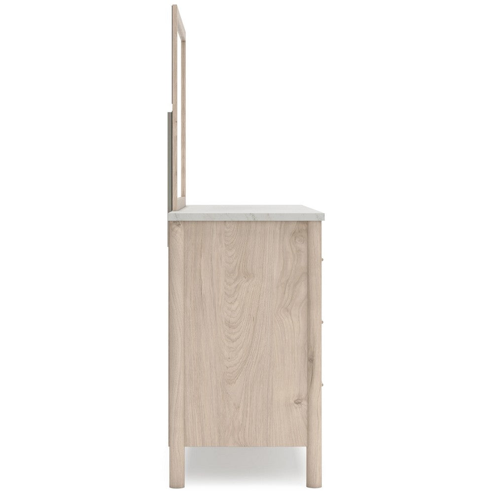 Mooran 2pc Dresser Mirror Set | 6 Drawer | Light Brown | White Faux Marble