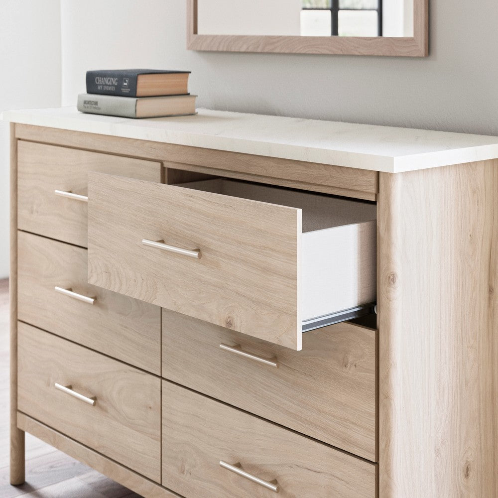 Mooran 2pc Dresser Mirror Set | 6 Drawer | Light Brown | White Faux Marble