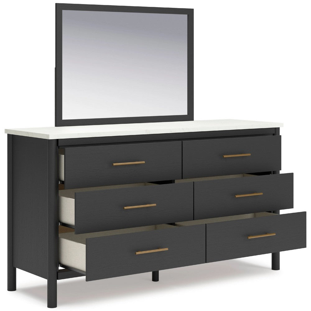 Mooran 2pc Dresser Mirror Set | 6 Drawer | Matte Black | White Faux Marble