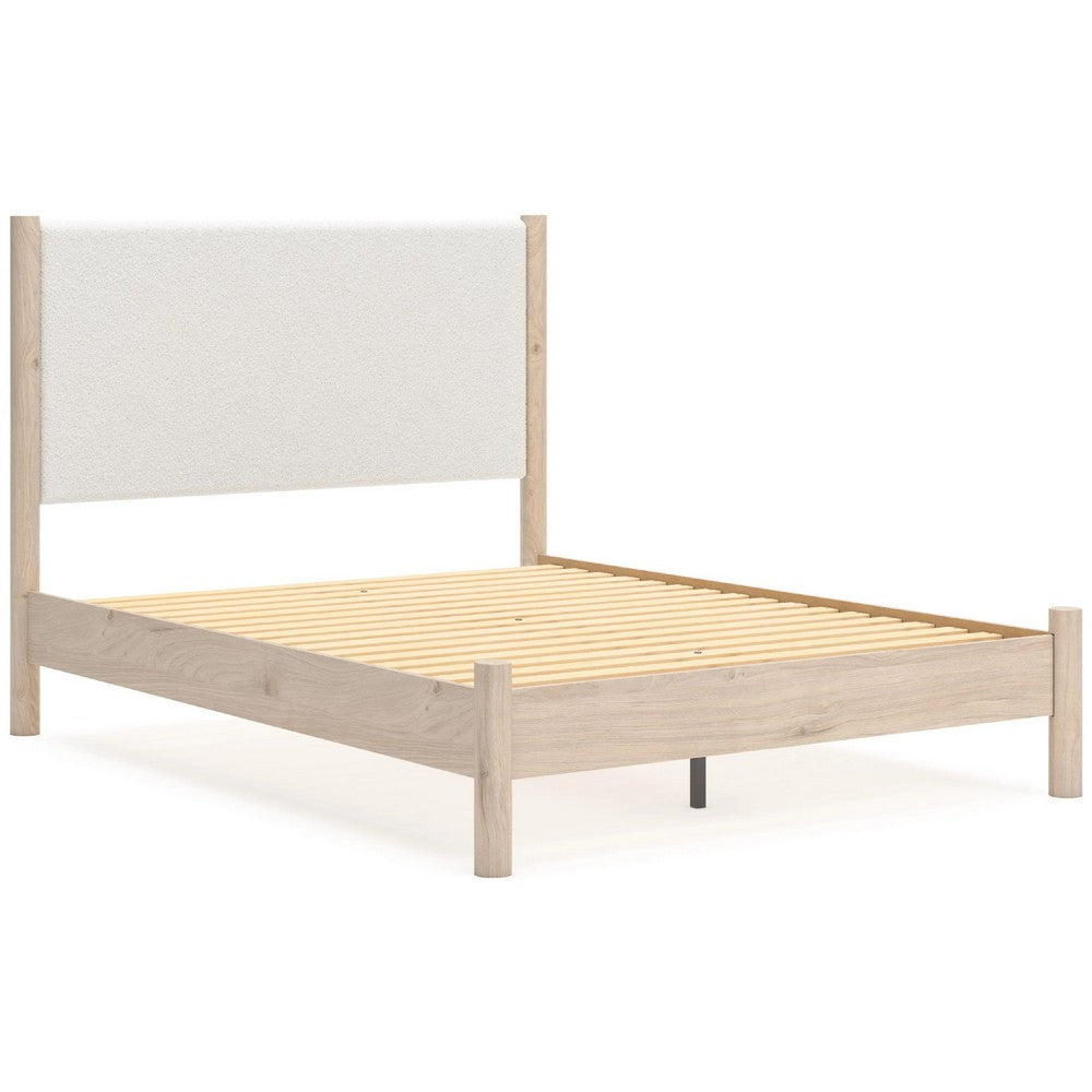 Mooran Queen Size Bed | White Polyester Upholstery | Light Brown Wood