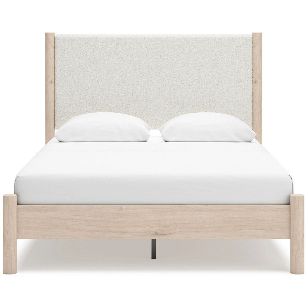 Mooran Queen Size Bed | White Polyester Upholstery | Light Brown Wood
