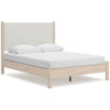 Mooran Queen Size Bed | White Polyester Upholstery | Light Brown Wood