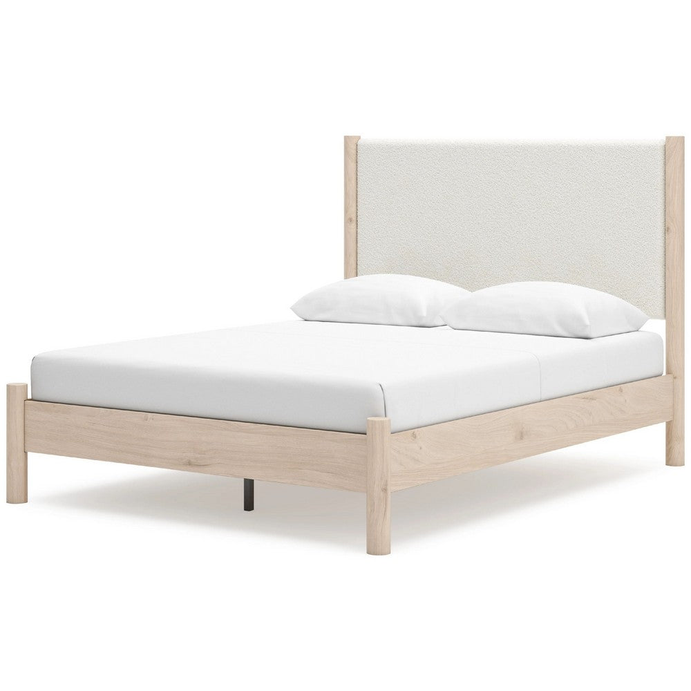 Mooran Queen Size Bed | White Polyester Upholstery | Light Brown Wood