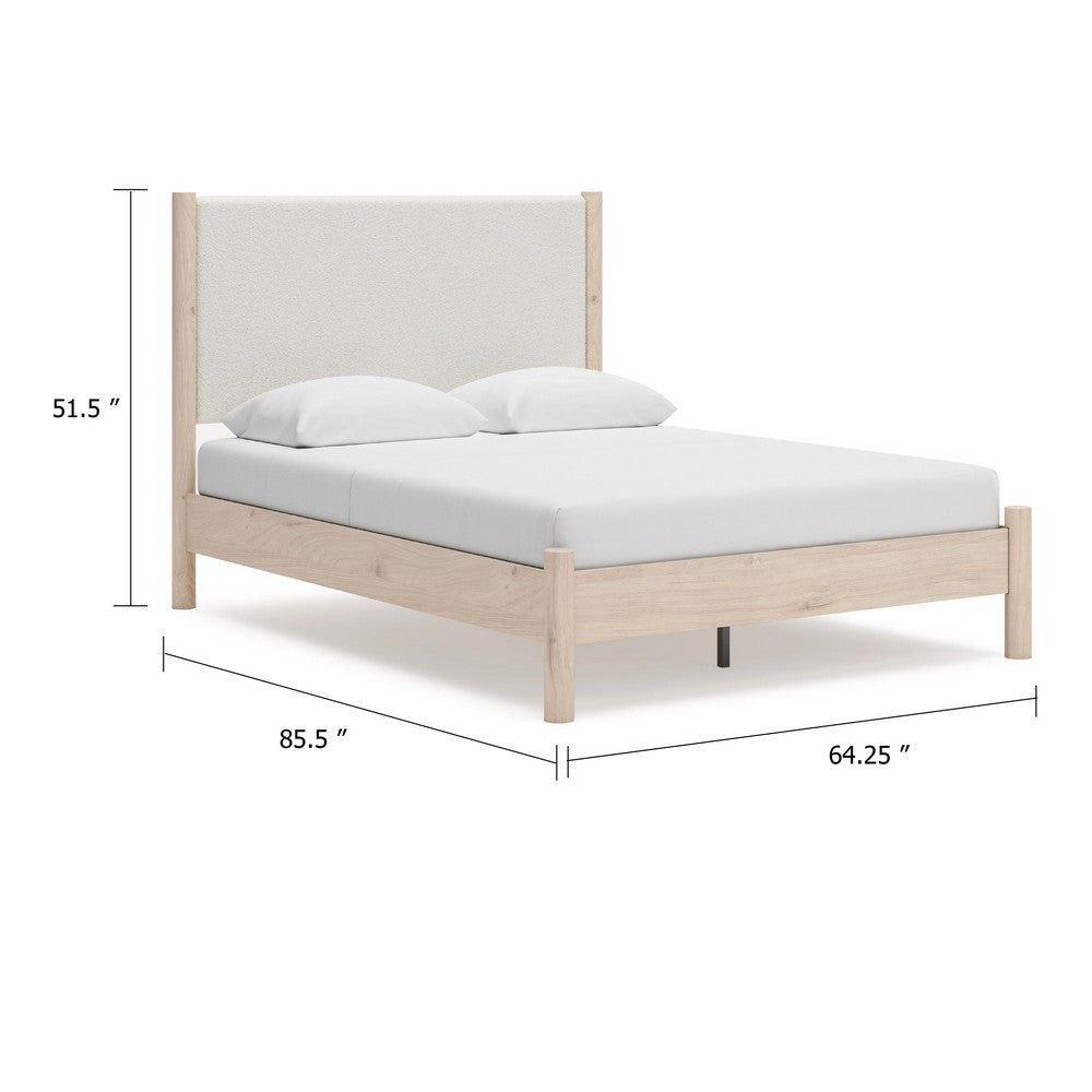 Mooran Queen Size Bed | White Polyester Upholstery | Light Brown Wood