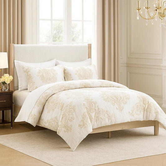 Mooran Queen Size Bed | White Polyester Upholstery | Light Brown Wood