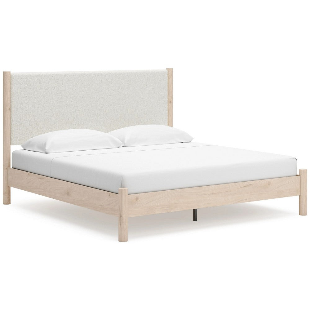 Mooran King Size Bed | White Polyester Upholstery | Light Brown Wood
