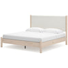 Mooran King Size Bed | White Polyester Upholstery | Light Brown Wood