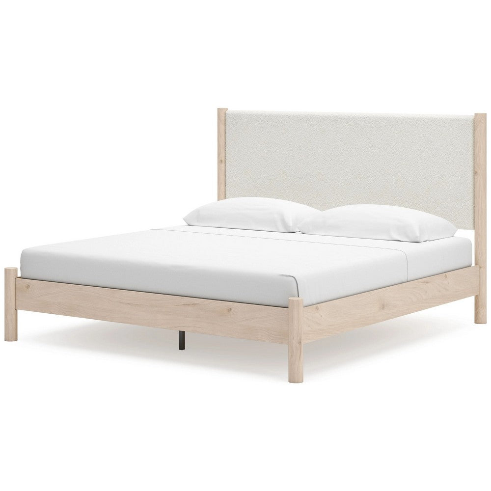 Mooran King Size Bed | White Polyester Upholstery | Light Brown Wood