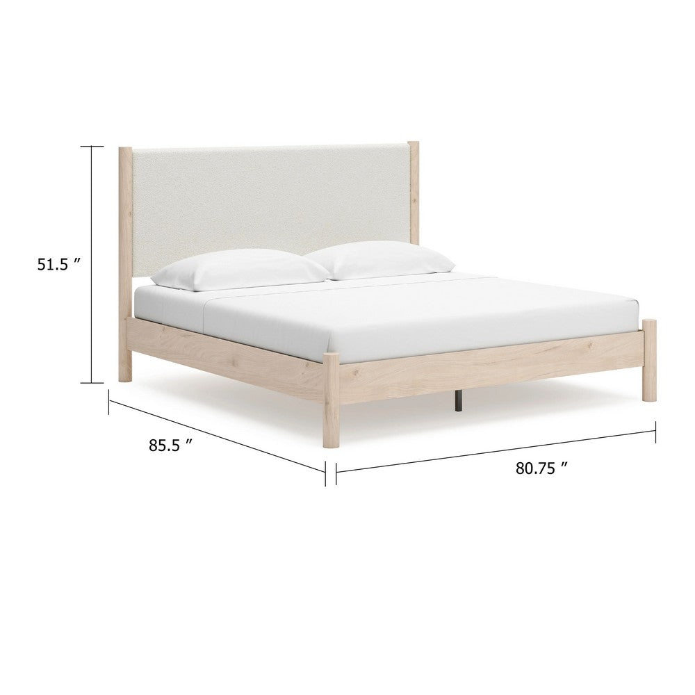 Mooran King Size Bed | White Polyester Upholstery | Light Brown Wood