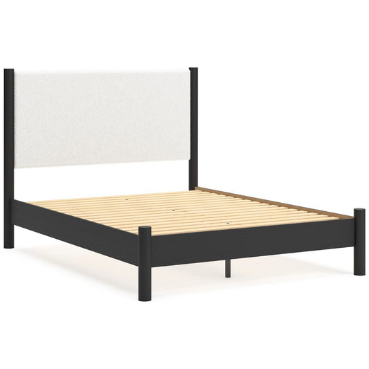 Mooran Queen Size Bed | White Polyester Upholstery | Modern Black Wood