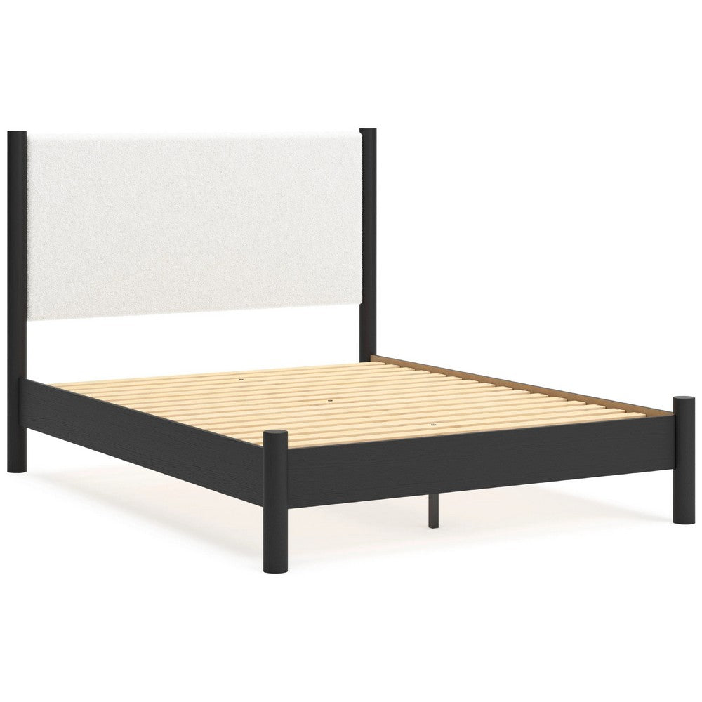 Mooran Queen Size Bed | White Polyester Upholstery | Modern Black Wood