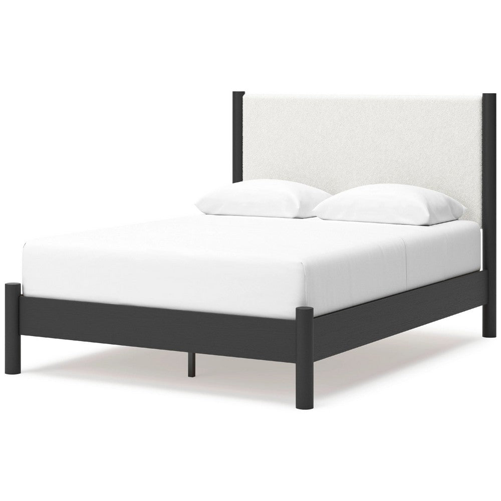 Mooran Queen Size Bed | White Polyester Upholstery | Modern Black Wood
