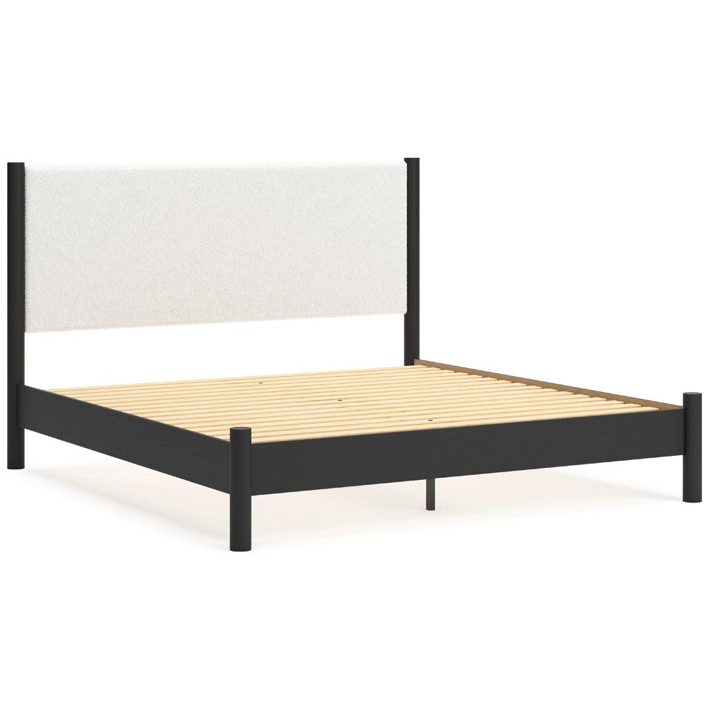 Mooran King Size Bed | White Polyester Upholstery | Modern Black Wood