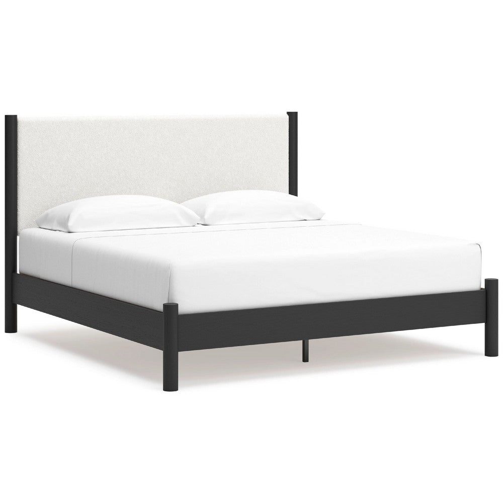 Mooran King Size Bed | White Polyester Upholstery | Modern Black Wood