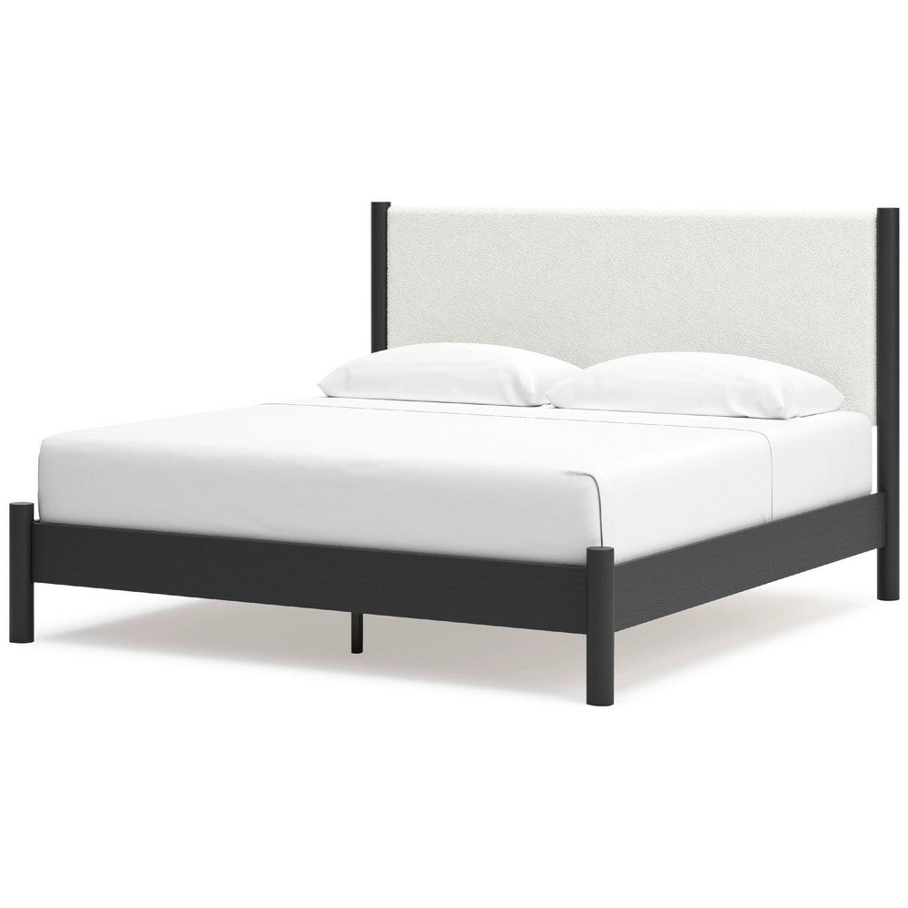 Mooran King Size Bed | White Polyester Upholstery | Modern Black Wood
