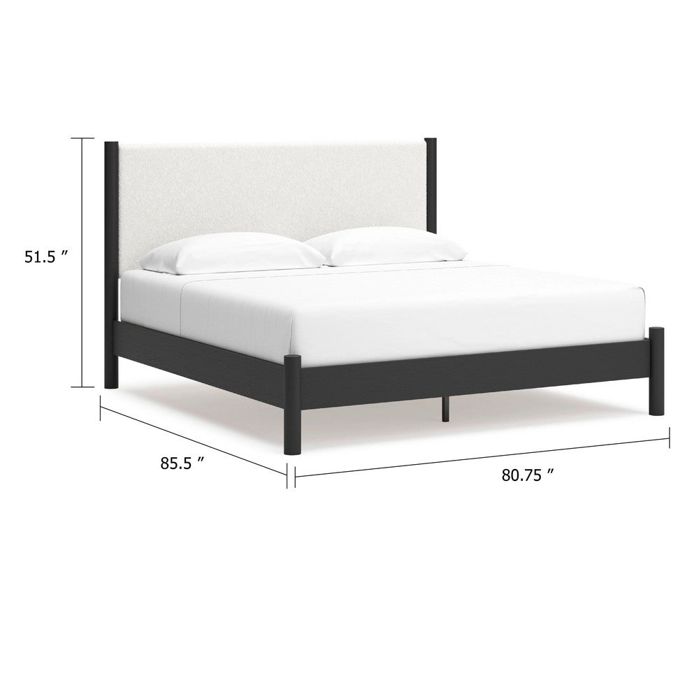Mooran King Size Bed | White Polyester Upholstery | Modern Black Wood