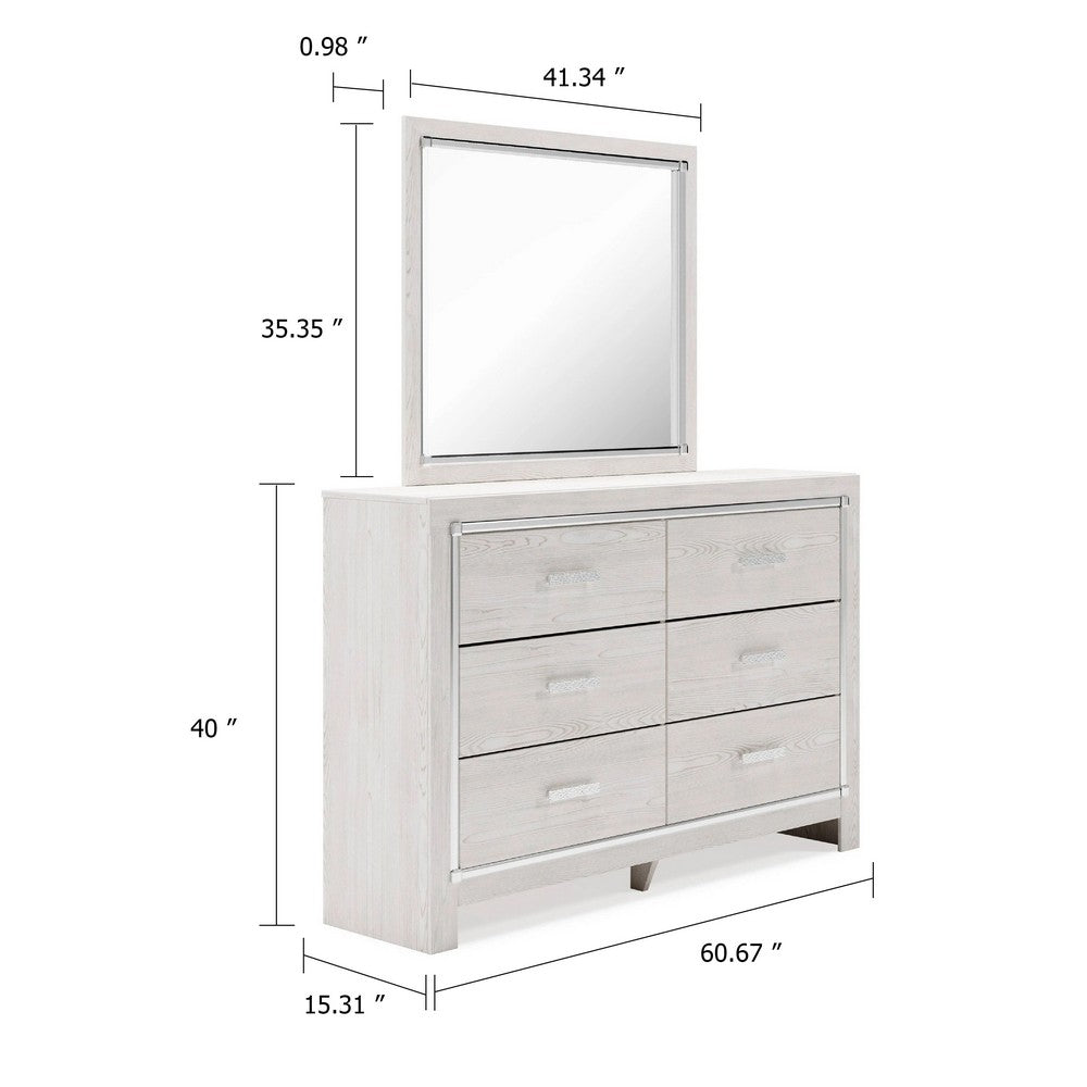 Aly 2pc Dresser & Mirror Set | 6 Drawers w Chrome Handles | White