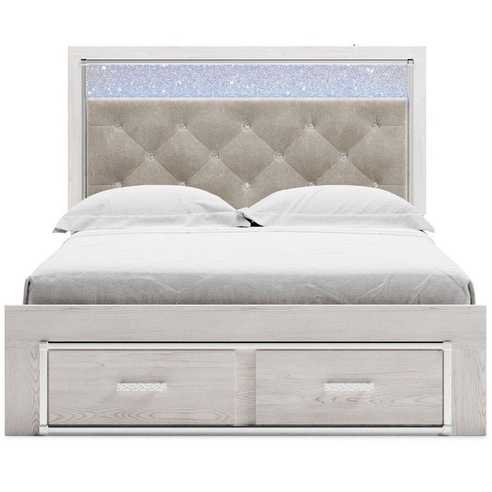 Aly Queen Size Storage Bed w Gray Button Tufted LED Headboard | White