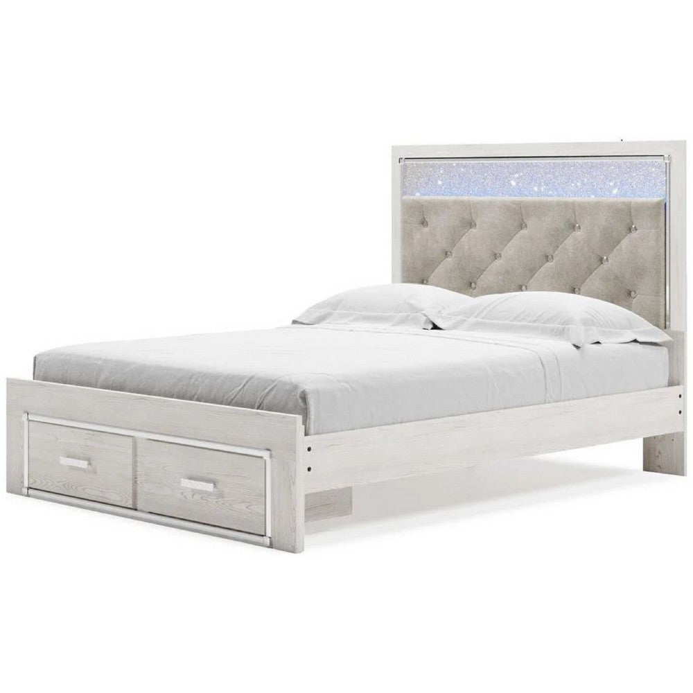 Aly Queen Size Storage Bed w Gray Button Tufted LED Headboard | White
