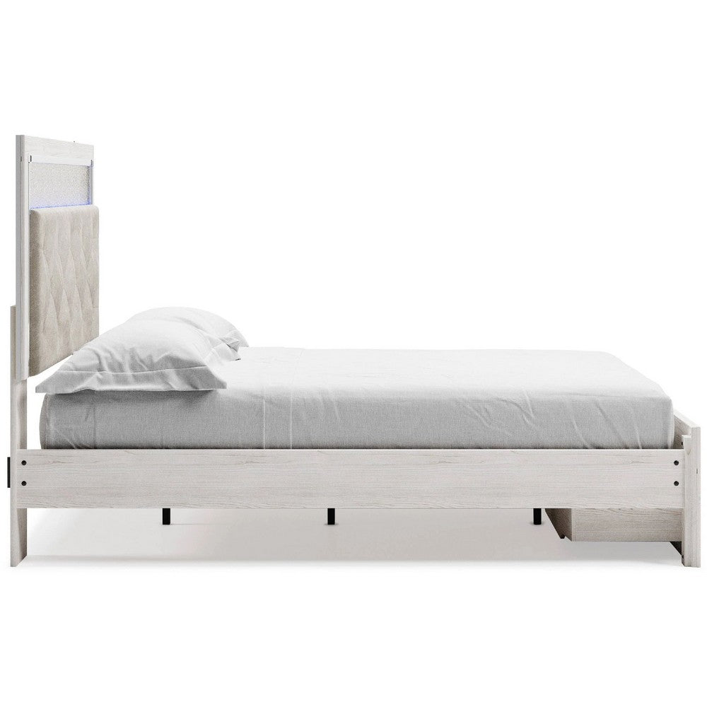 Aly Queen Size Storage Bed w Gray Button Tufted LED Headboard | White