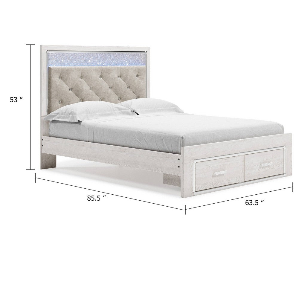Aly Queen Size Storage Bed w Gray Button Tufted LED Headboard | White