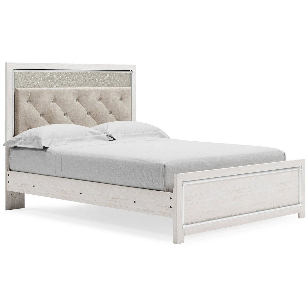 Aly Queen Size Panel Bed w Gray Button Tufted LED Headboard | White