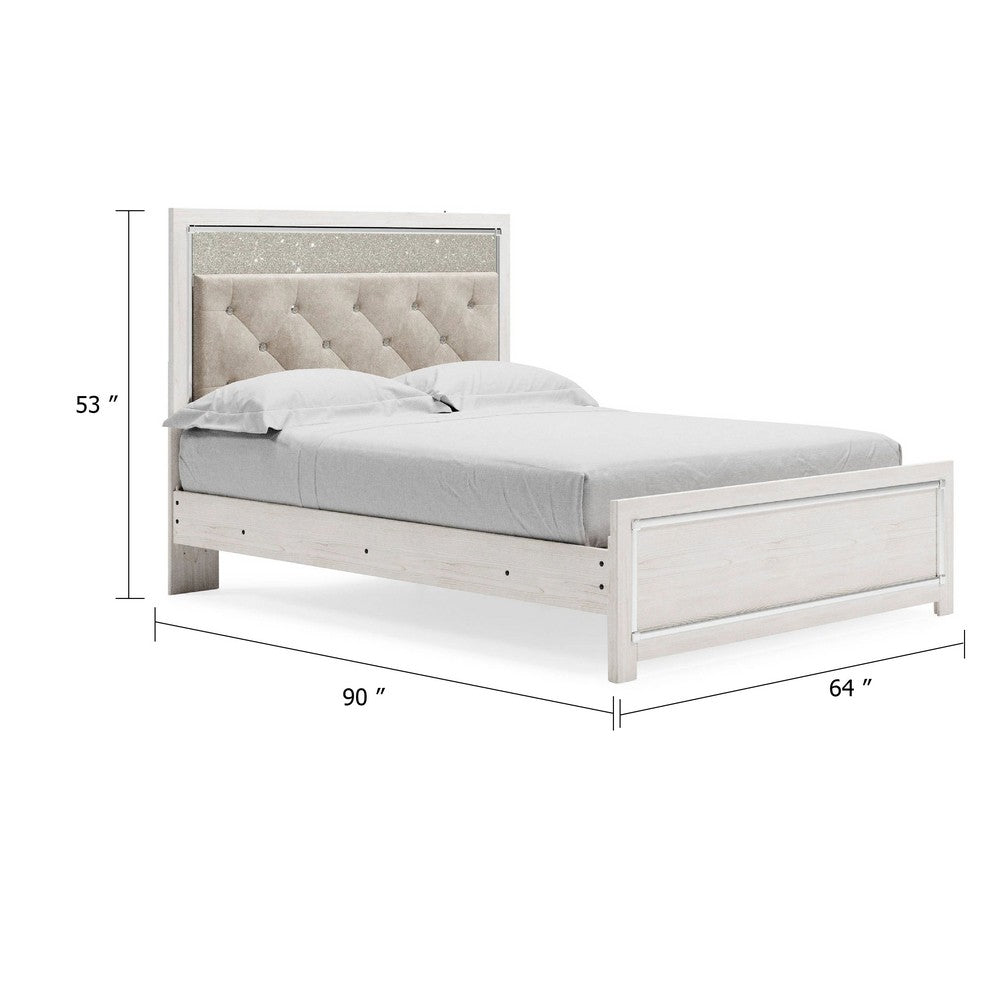 Aly Queen Size Panel Bed w Gray Button Tufted LED Headboard | White