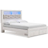 Aly Queen Size Storage Bed w Gray Tufted Bookcase Headboard | White | LED