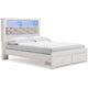 Aly Queen Size Storage Bed w Gray Tufted Bookcase Headboard | White | LED