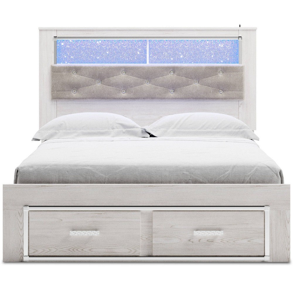 Aly Queen Size Storage Bed w Gray Tufted Bookcase Headboard | White | LED