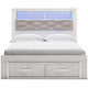 Aly Queen Size Storage Bed w Gray Tufted Bookcase Headboard | White | LED