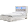 Aly Queen Size Storage Bed w Gray Tufted Bookcase Headboard | White | LED