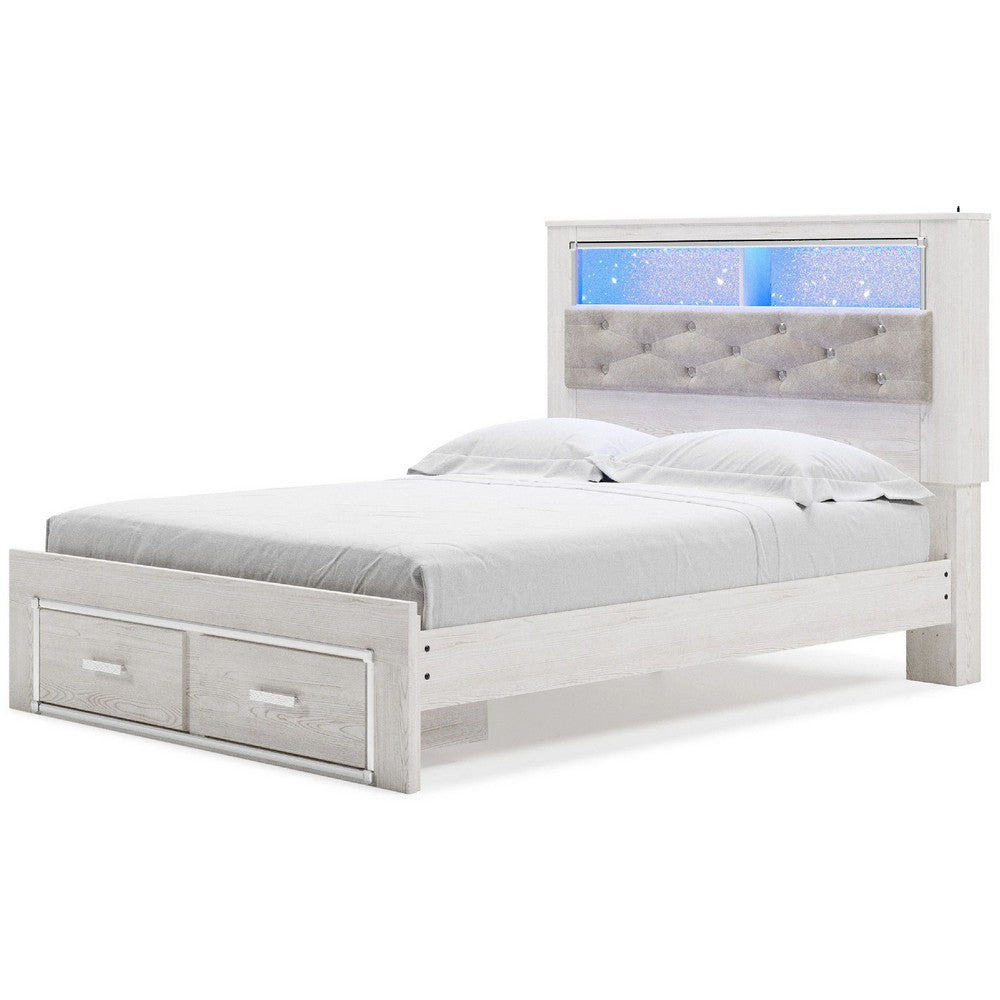 Aly Queen Size Storage Bed w Gray Tufted Bookcase Headboard | White | LED
