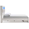Aly Queen Size Storage Bed w Gray Tufted Bookcase Headboard | White | LED
