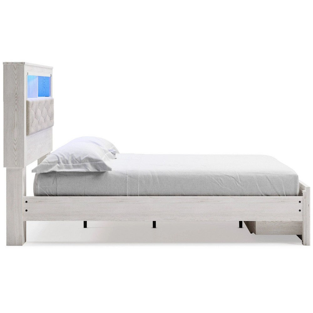 Aly Queen Size Storage Bed w Gray Tufted Bookcase Headboard | White | LED