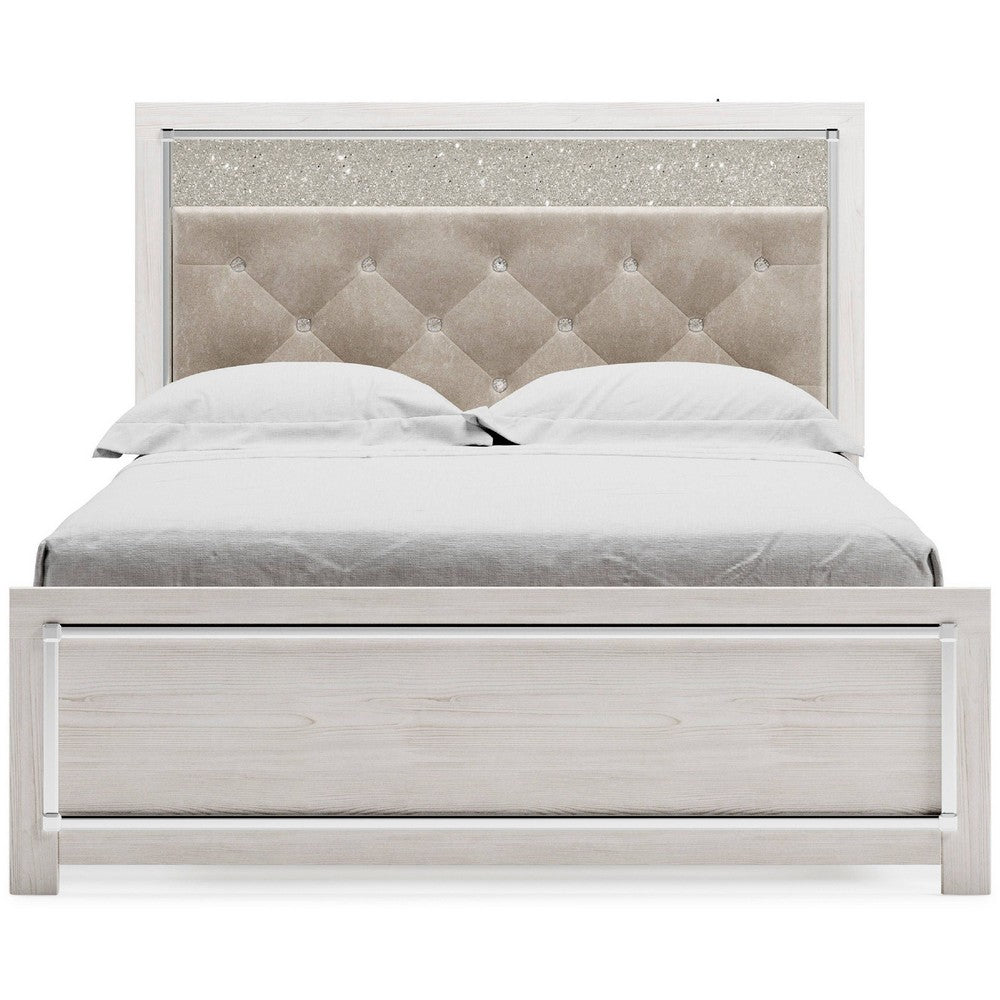 Aly Queen Size Panel Bed w Gray Button Tufted LED Headboard | White