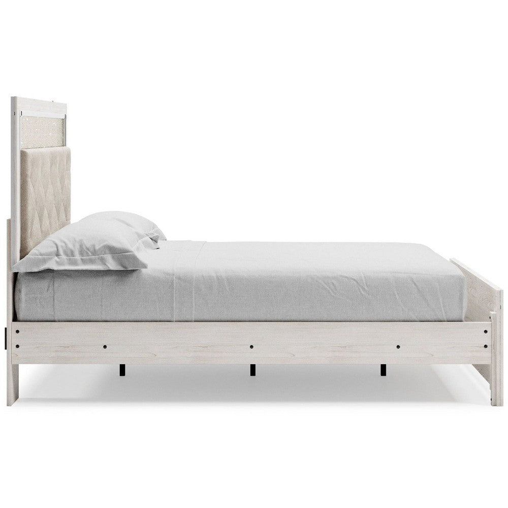 Aly Queen Size Panel Bed w Gray Button Tufted LED Headboard | White