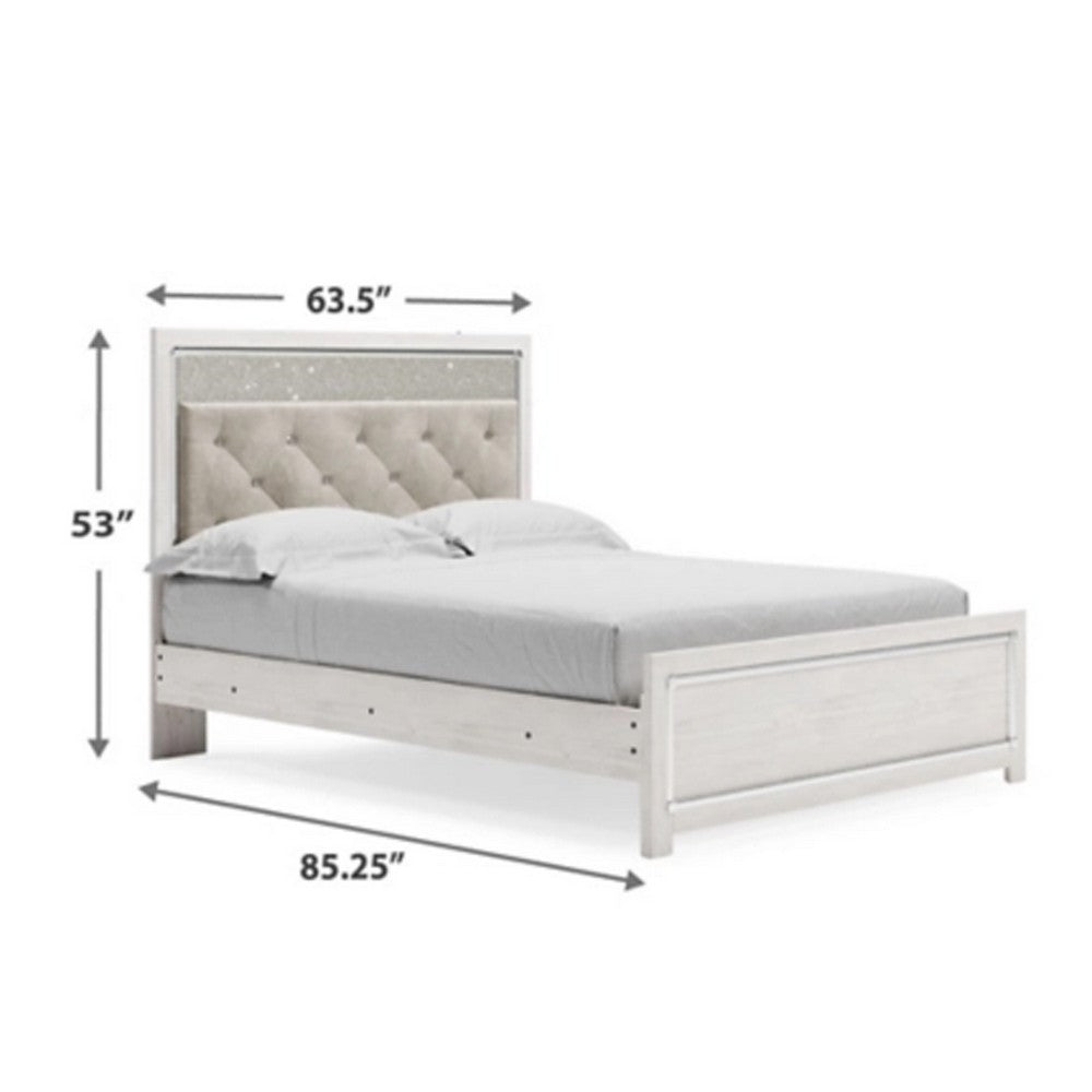 Aly Queen Size Panel Bed w Gray Button Tufted LED Headboard | White