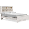 Aly Queen Size Panel Bed w Gray Tufted Bookcase Headboard | White | LED