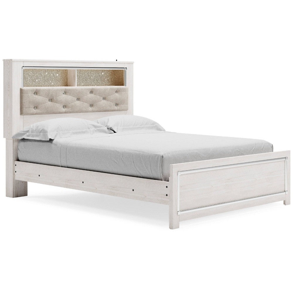 Aly Queen Size Panel Bed w Gray Tufted Bookcase Headboard | White | LED