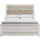 Aly Queen Size Panel Bed w Gray Tufted Bookcase Headboard | White | LED