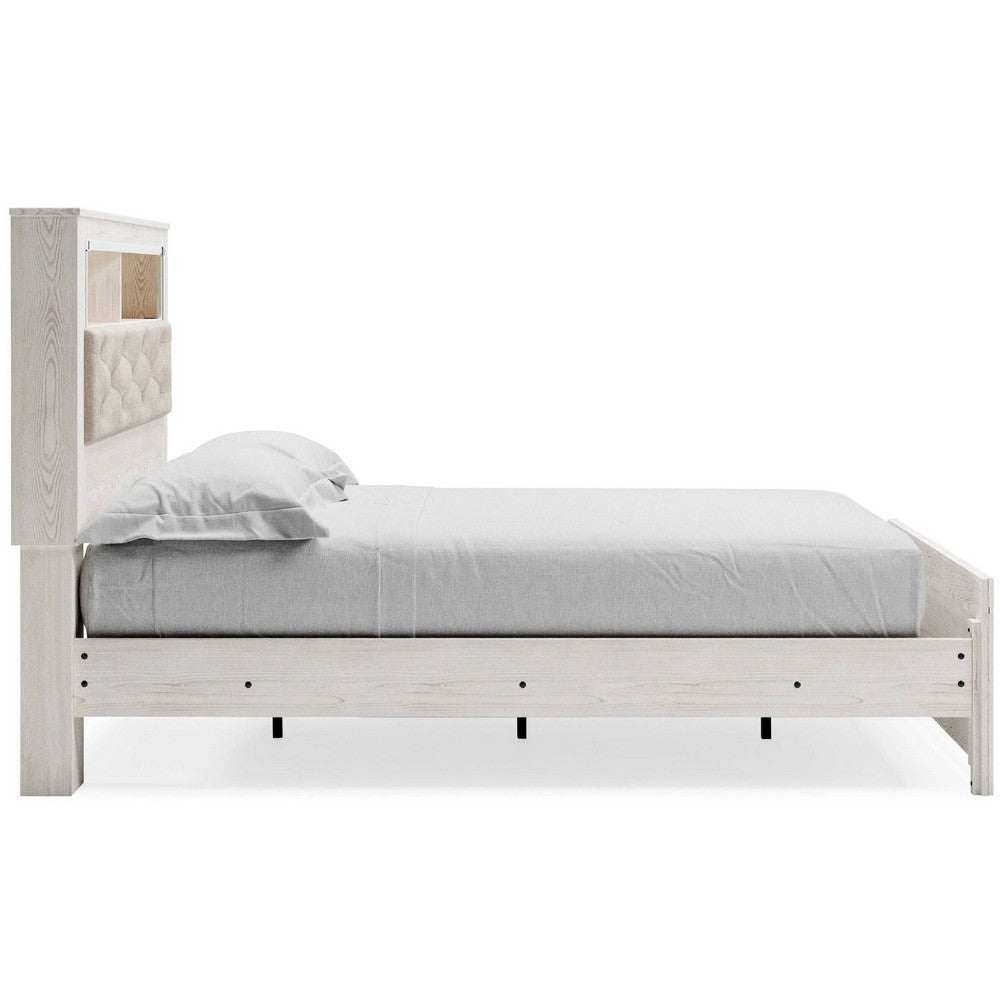 Aly Queen Size Panel Bed w Gray Tufted Bookcase Headboard | White | LED