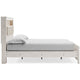 Aly Queen Size Panel Bed w Gray Tufted Bookcase Headboard | White | LED