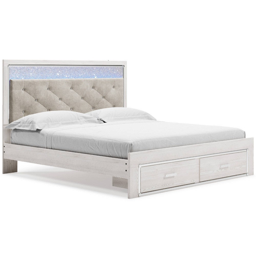 Aly King Size Storage Bed w Gray Button Tufted LED Headboard | White