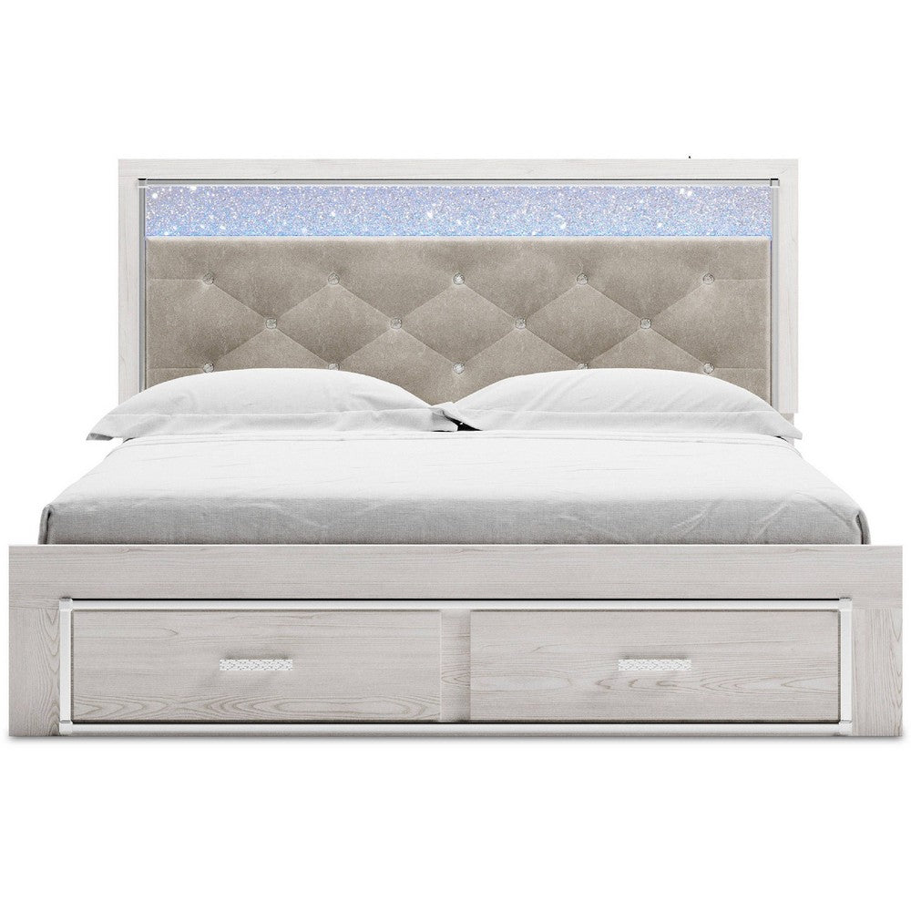 Aly King Size Storage Bed w Gray Button Tufted LED Headboard | White