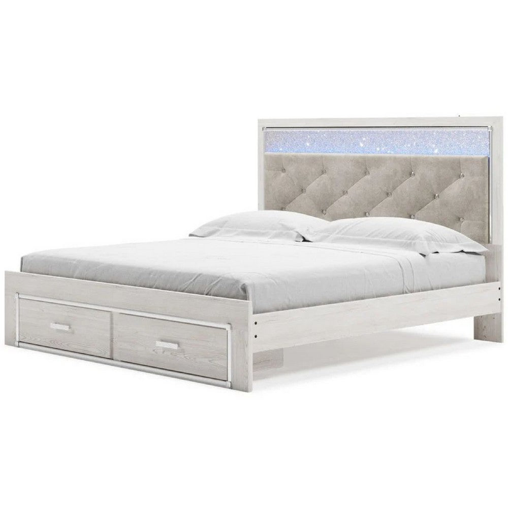 Aly King Size Storage Bed w Gray Button Tufted LED Headboard | White