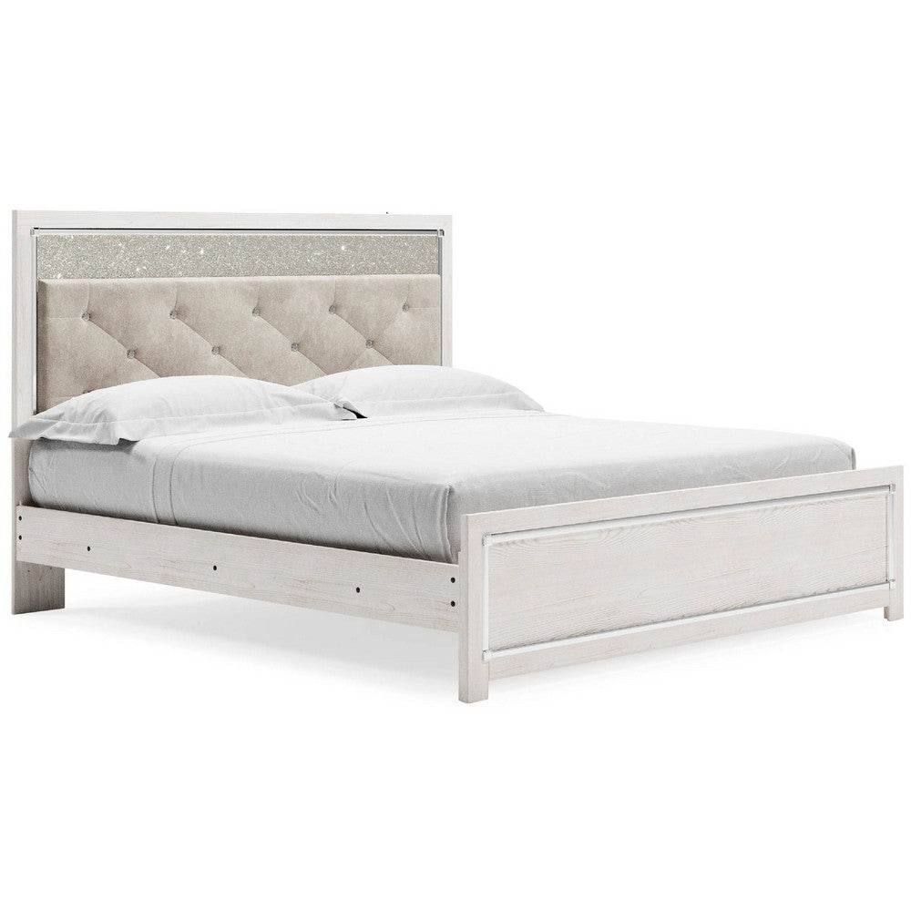 Aly King Size Panel Bed w Gray Button Tufted LED Headboard | White