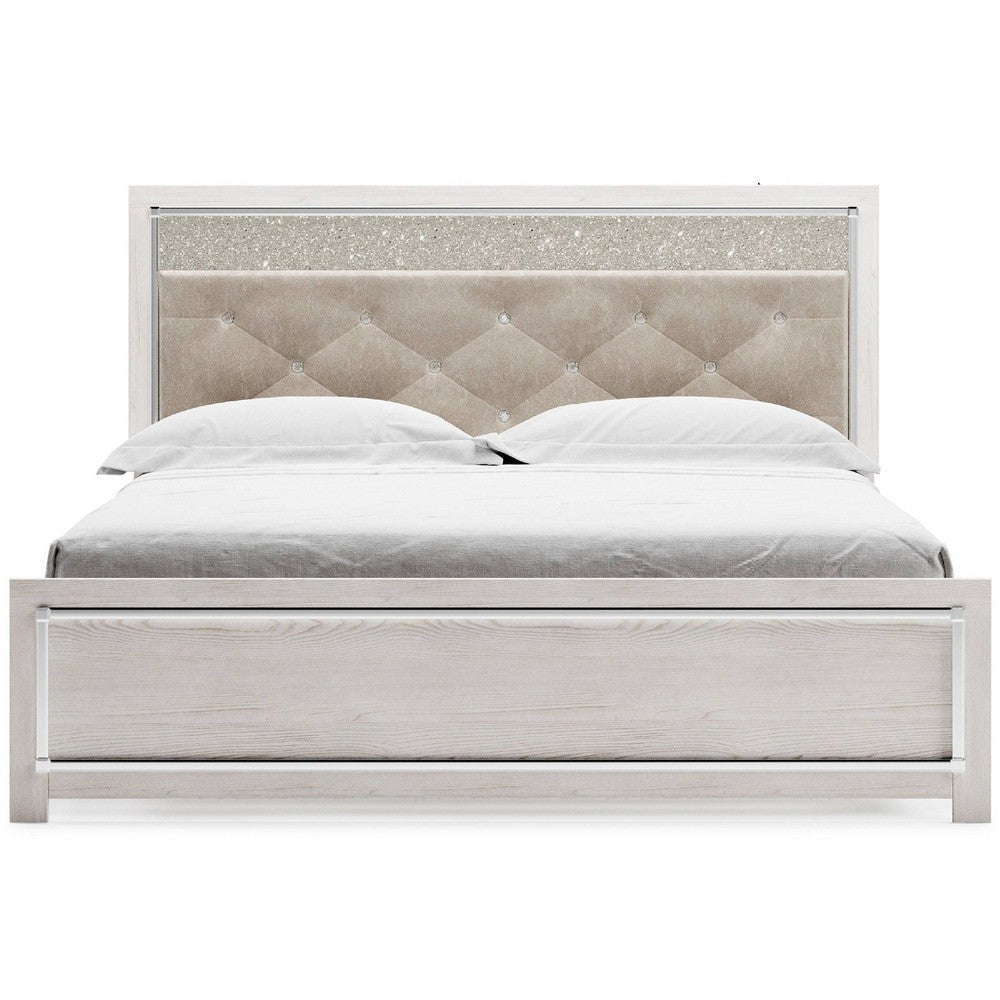 Aly King Size Panel Bed w Gray Button Tufted LED Headboard | White