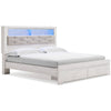 Aly King Size Storage Bed w Gray Tufted Bookcase Headboard | White | LED