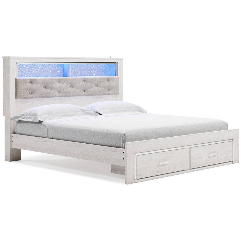 Aly King Size Storage Bed w Gray Tufted Bookcase Headboard | White | LED